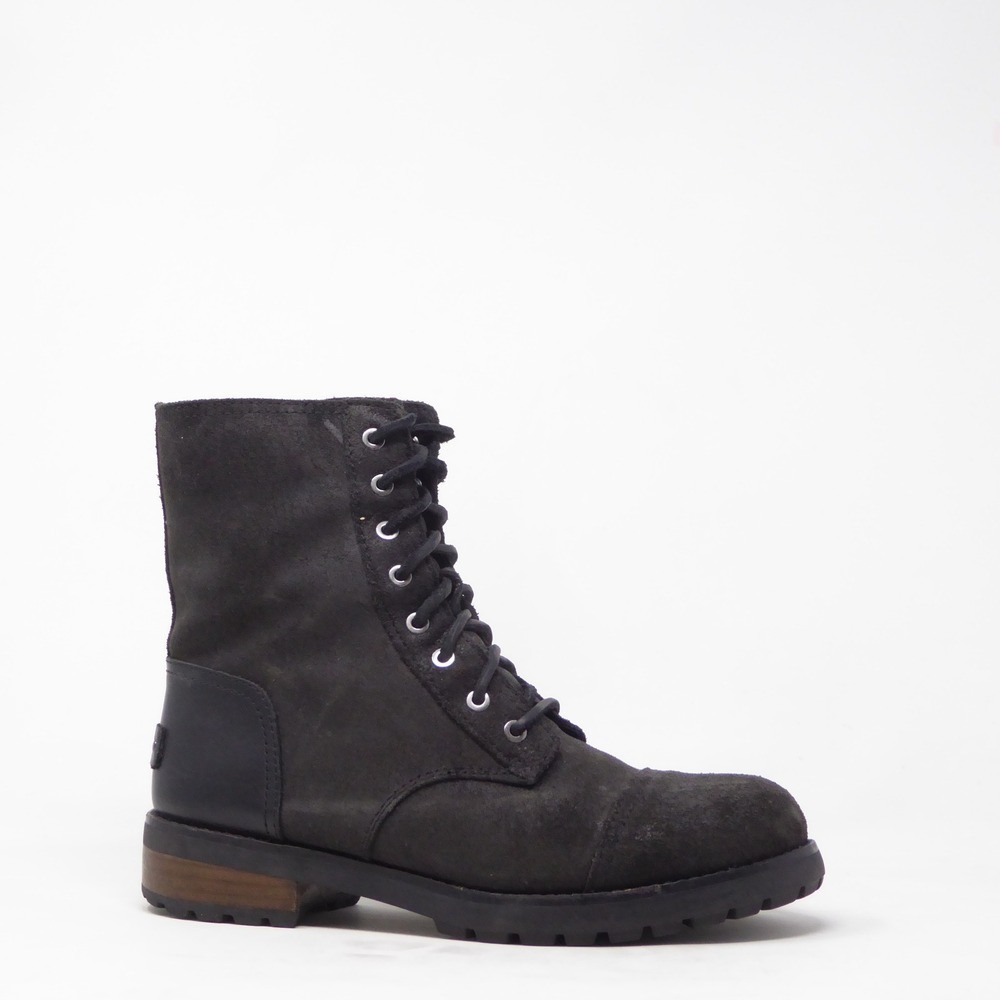 UGG Women Kilmer II Combat Boots Black Suede Leather Lace Up Side Zip Size 8